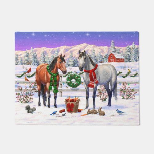 Bay  Dapple Gray Horses in Snow Christmas Farm Doormat