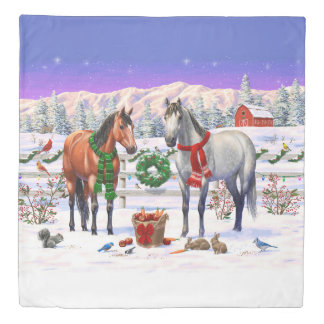 Bay & Dapple Gray Horses in Snow Christmas Farm Duvet Cover
