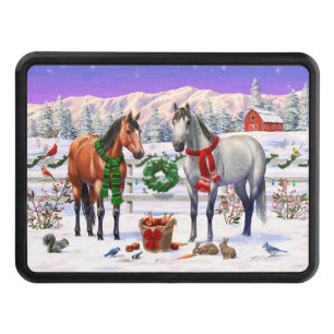 Bay & Dapple Gray Horses in Snow Christmas Farm Hitch Cover