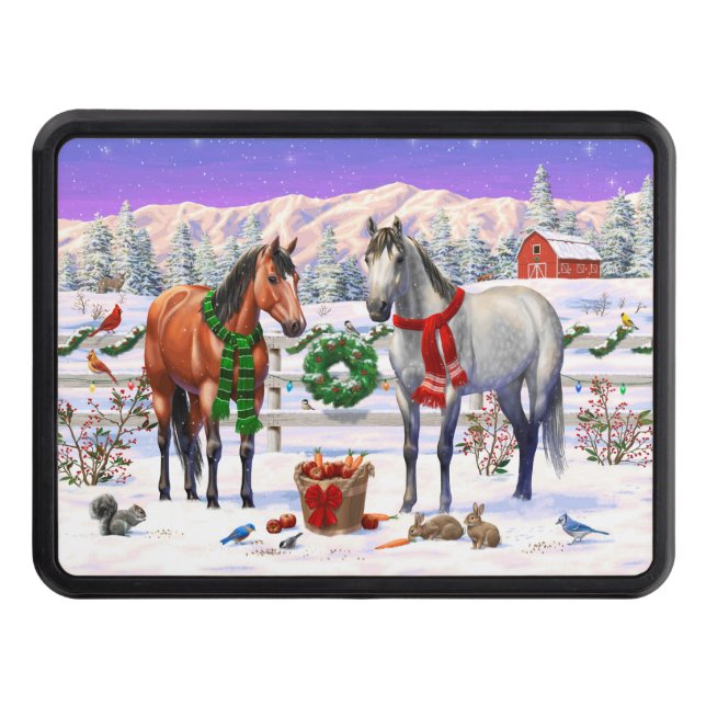 Bay & Dapple Gray Horses in Snow Christmas Farm Hitch Cover (Front)