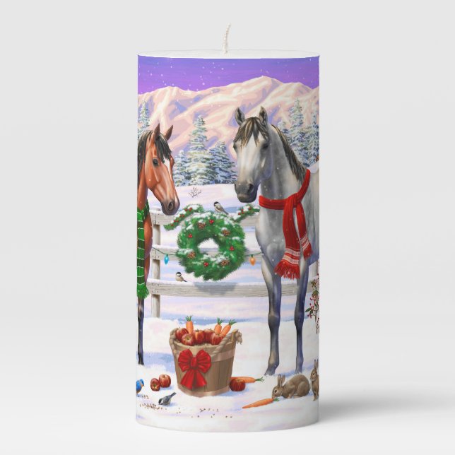 Bay & Dapple Gray Horses in Snow Christmas Farm Pillar Candle (Front)