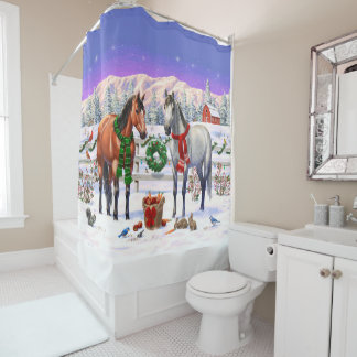 Bay & Dapple Gray Horses in Snow Christmas Farm Shower Curtain