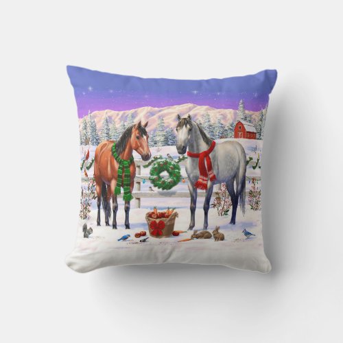 Bay  Dapple Gray Horses in Snow Christmas Farm Throw Pillow