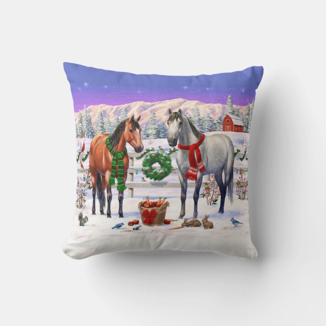 Bay & Dapple Gray Horses in Snow Christmas Farm Throw Pillow (Front)