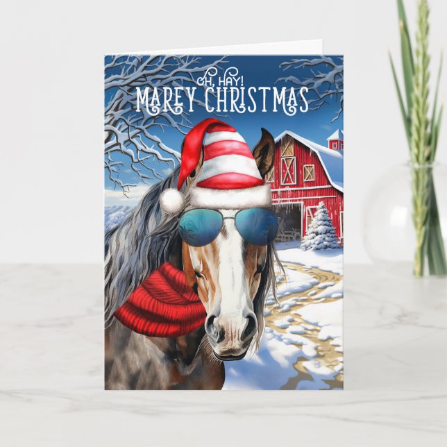 Bay Draft Horse Funny MAREy Christmas Holiday Card (Front)