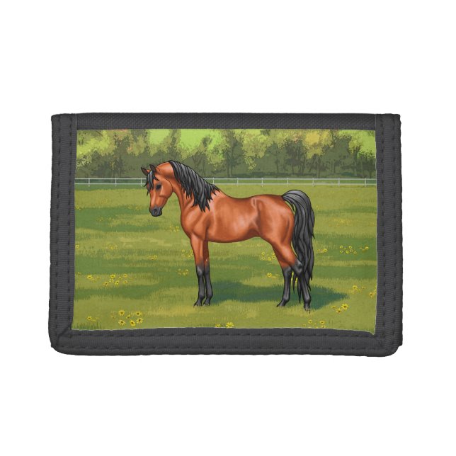 Bay Egyptian Arabian Horse in Summer Pasture Trifold Wallet (Front)