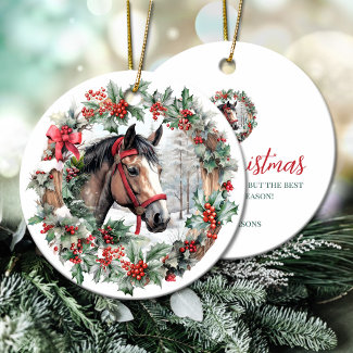 Bay horse Christmas holly berry wreath Horse Christmas ornaments