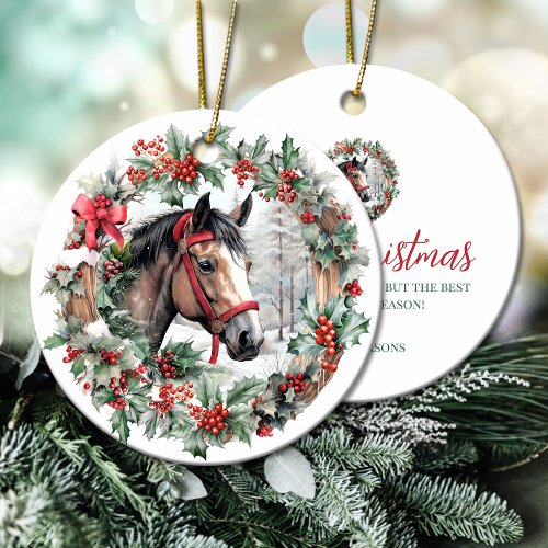 Bay horse Christmas holly berry wreath Ceramic Ornament
