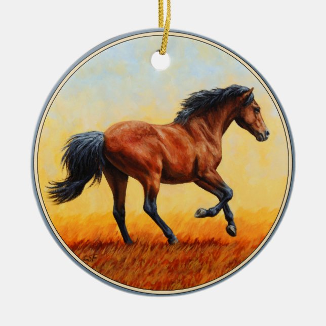 Bay Horse Galloping Ceramic Ornament (Front)