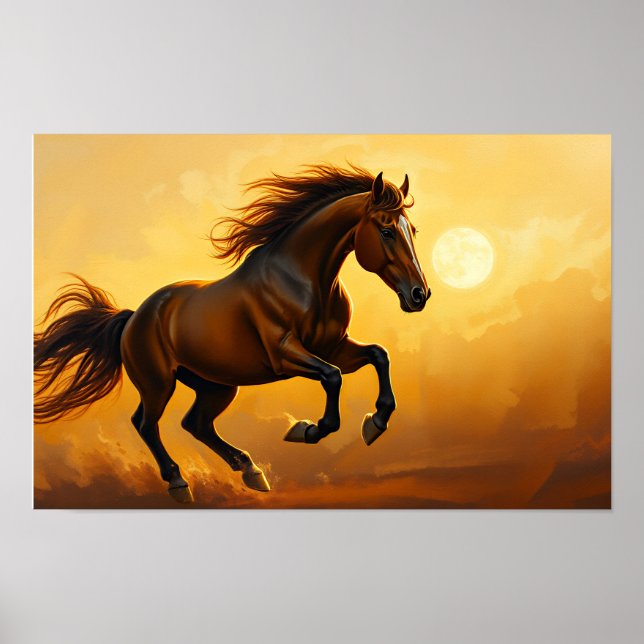 Bay Horse Gallops, Sunset Sky, Flowing Mane Poster (Front)