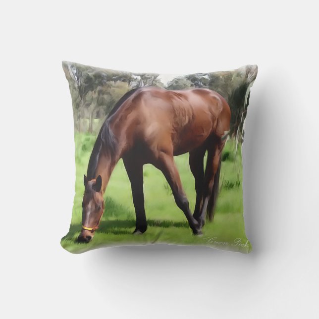 Bay Horse Green Pick Throw Pillow (Front)