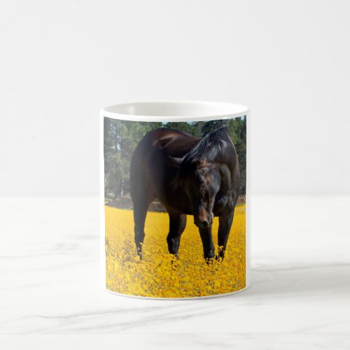 Bay Horse in a Field of Yellow Flowers Coffee Mug