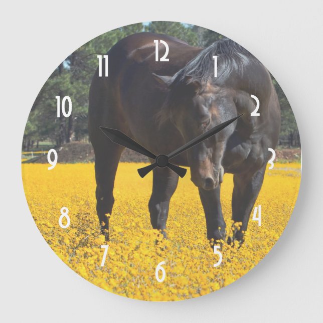Bay Horse in a Field of Yellow Flowers Large Clock (Front)