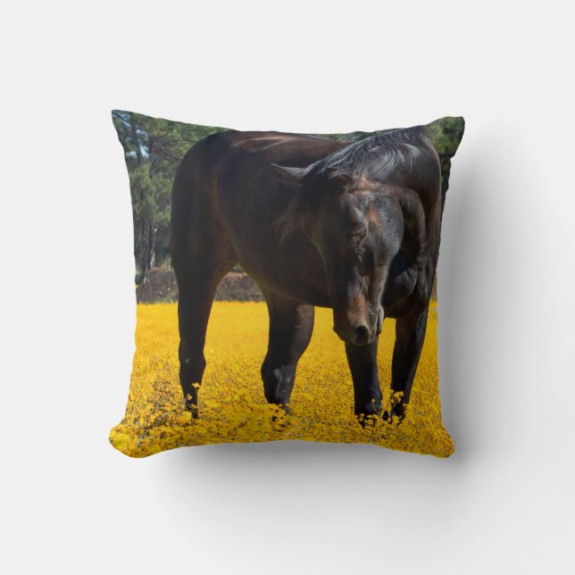 Bay Horse in a Field of Yellow Flowers Throw Pillow (Front)