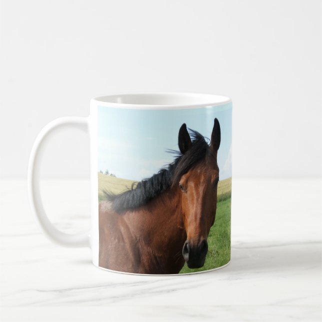 Bay Horse in Pasture Two-Tone Coffee Mug (Left)