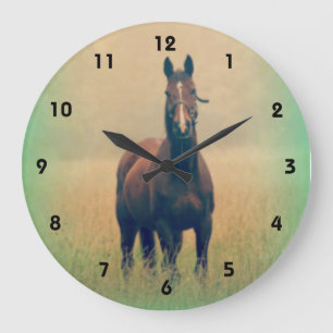 Bay Horse Standing in a Field Large Clock