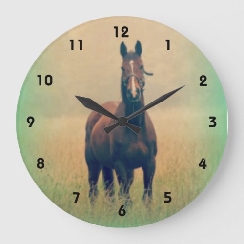 Bay Horse Standing in a Field Large Clock