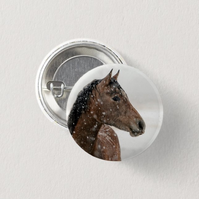 Bay Horse Standing in Gently Falling Snow Pinback Button (Front & Back)