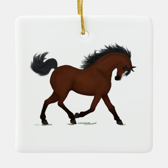 Bay Horse with Blaze Personalized Christmas Pony Ceramic Ornament (Front)