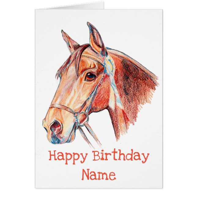 Bay Horse with Rosette Portrait Happy Birthday (Front)
