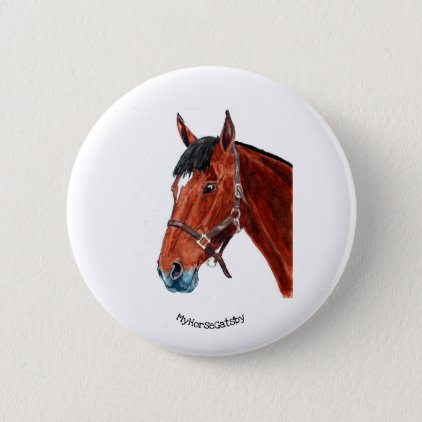 Bay horse with star wearing leather headcollar pinback button