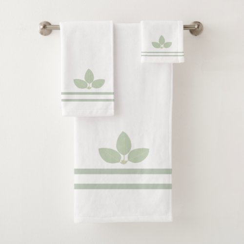 Bay Laurel Leaves  Stripes on White Bath Towel Set