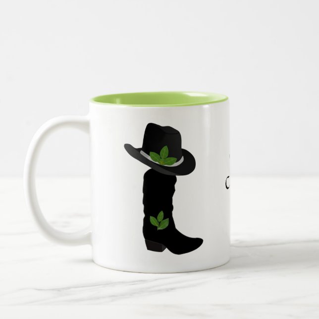 Bay Leaf, Cowgirl Black Hat & Boot Two-Tone Coffee Mug (Left)