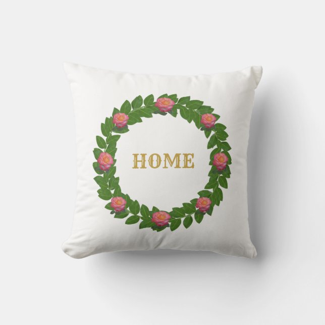 Bay Leaf Wreath & Pink Roses Home Throw Pillow (Front)