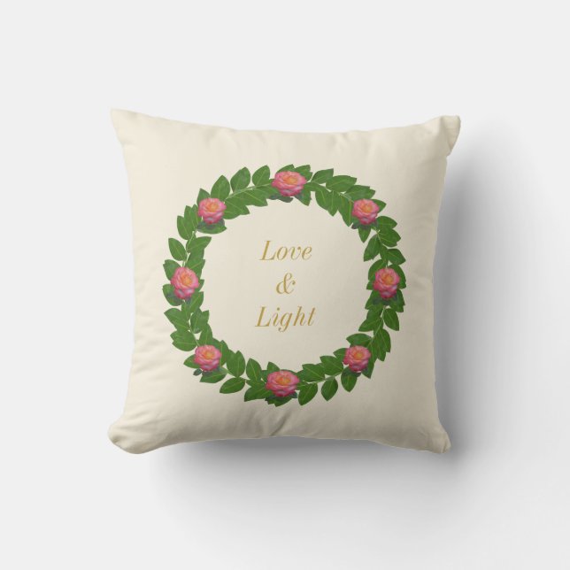 Bay Leaf Wreath & Pink Roses Throw Pillow (Front)