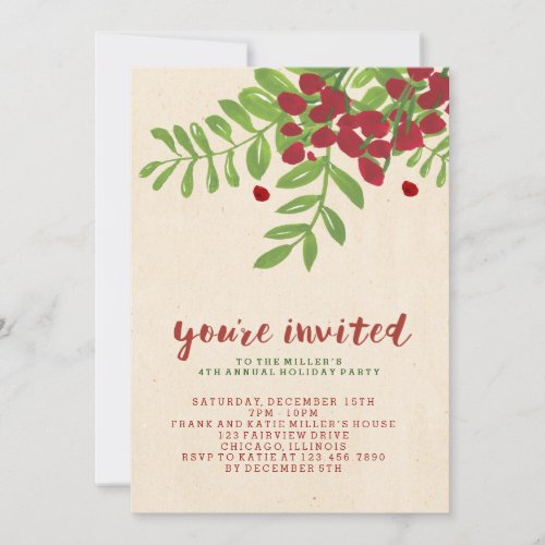 Bay Leaves and Flowers Christmas Party Invitation