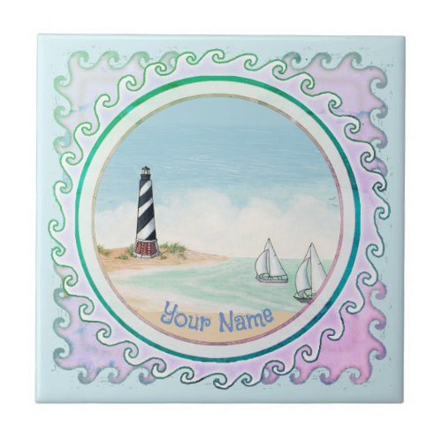 Bay Lighthouse custom name Ceramic Tile