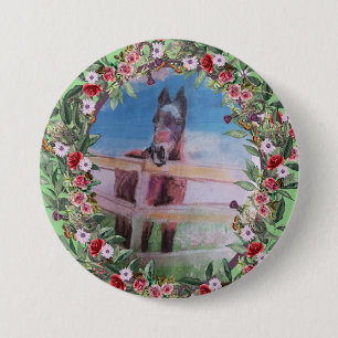bay mare roses horse Button