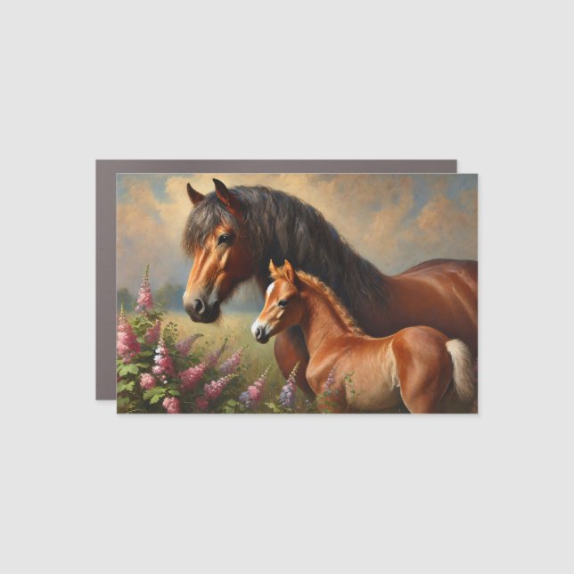 Bay Mare with a Foal Wildflowers Painting Car Magnet (Front)
