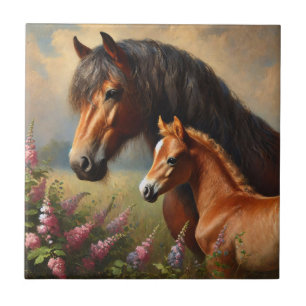 Bay Mare with a Foal Wildflowers Painting Ceramic Tile