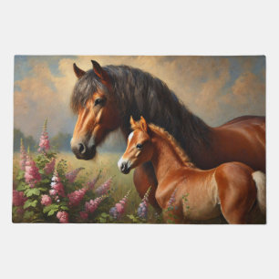 Bay Mare with a Foal Wildflowers Painting Doormat