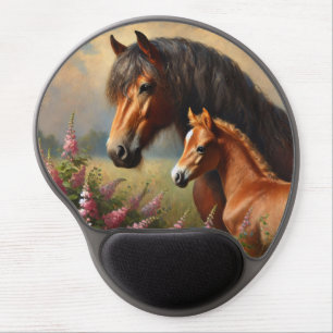 Bay Mare with a Foal Wildflowers Painting Gel Mouse Pad