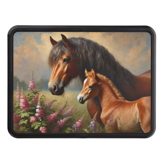 Bay Mare with a Foal Wildflowers Painting Hitch Cover (Front)
