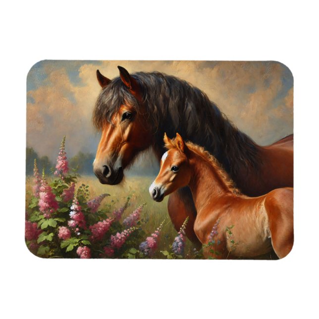 Bay Mare with a Foal Wildflowers Painting Magnet (Horizontal)