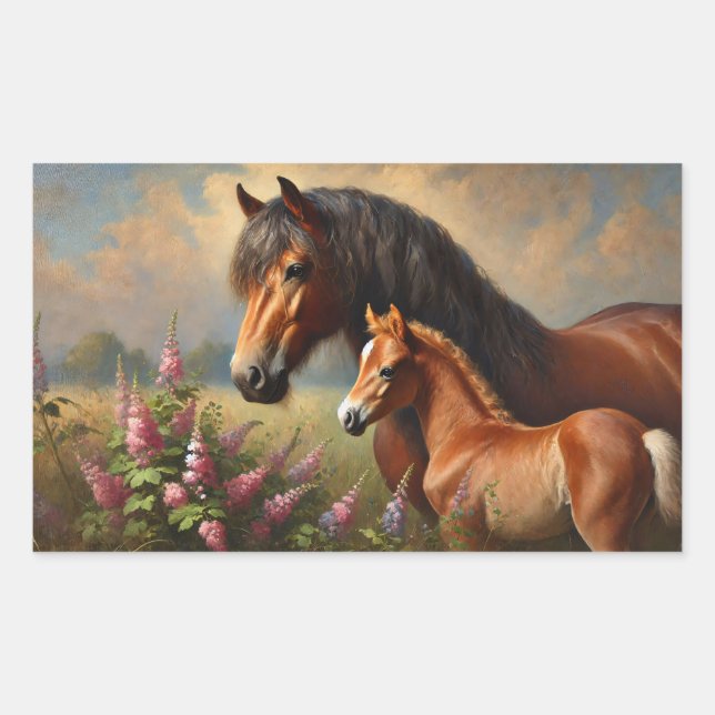 Bay Mare with a Foal Wildflowers Painting Rectangular Sticker (Front)
