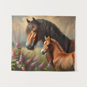 Bay Mare with a Foal Wildflowers Painting Tapestry