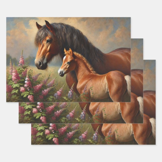 Bay Mare with a Foal Wildflowers Painting Wrapping Paper Sheets (Set)