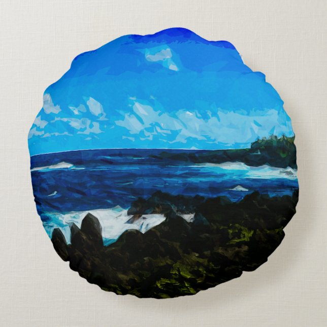 Bay On the Road to Hana Maui Abstract Round Pillow (Back)