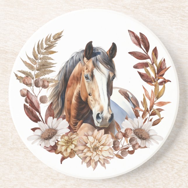 Bay Paint Horse Autumn Wreath Coaster (Front)