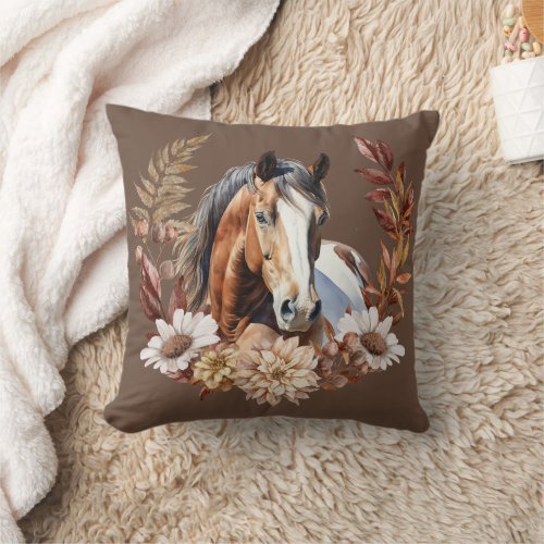 Bay Paint Horse Autumn Wreath Throw Pillow