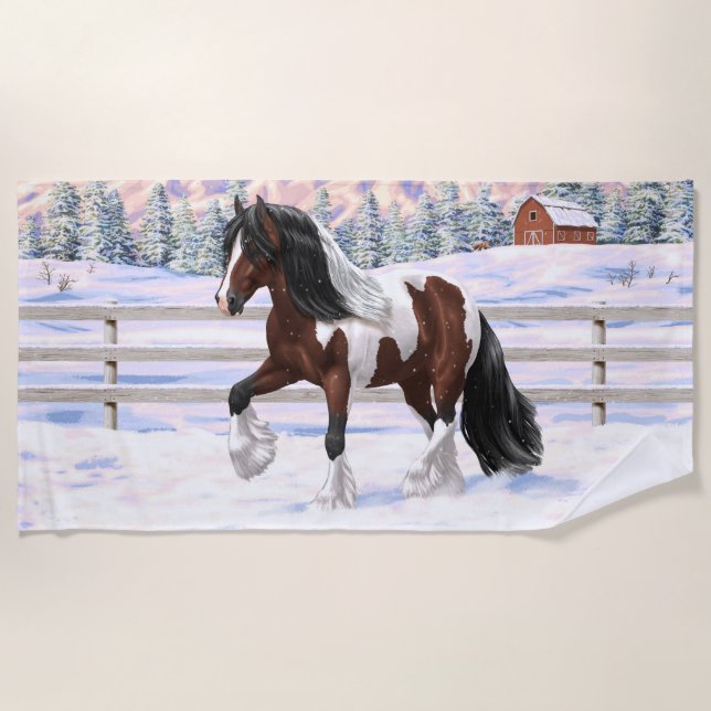 Bay Pinto Brown Skewbald Gypsy Vanner Tinker Horse Beach Towel (Front)