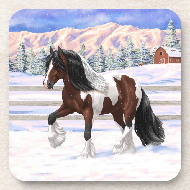 Bay Pinto Brown Skewbald Gypsy Vanner Tinker Horse Beverage Coaster (Front)
