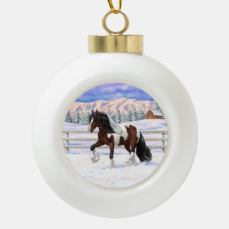 Bay Pinto Brown Skewbald Gypsy Vanner Tinker Horse Ceramic Ball Christmas Ornament