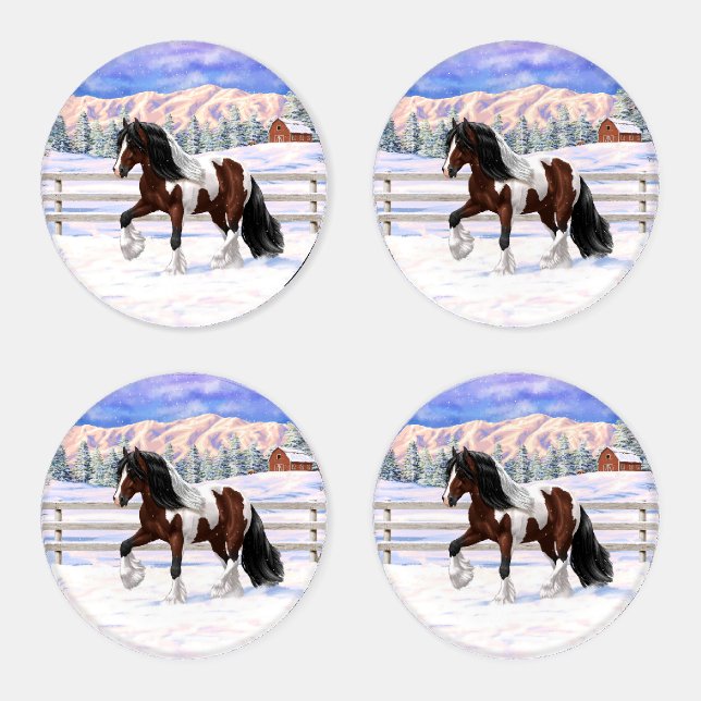 Bay Pinto Brown Skewbald Gypsy Vanner Tinker Horse Coaster Set (Set)