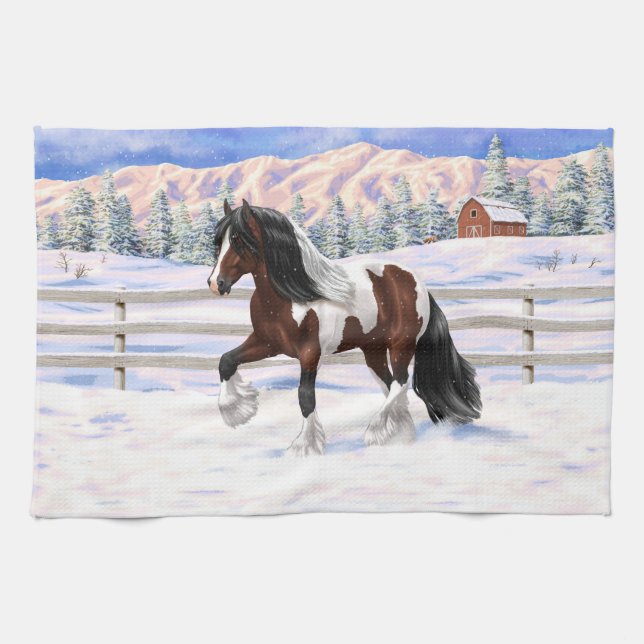 Bay Pinto Brown Skewbald Gypsy Vanner Tinker Horse Kitchen Towel (Horizontal)