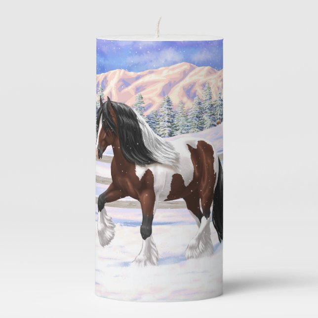 Bay Pinto Brown Skewbald Gypsy Vanner Tinker Horse Pillar Candle (Front)